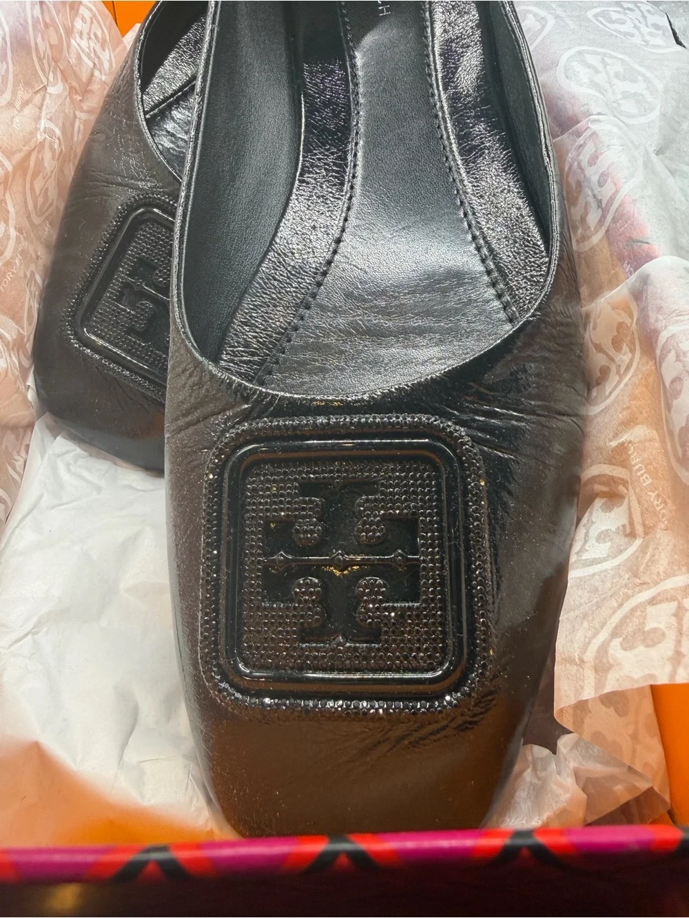 Tory Burch Black Leather Square-Toe Logo Flats
